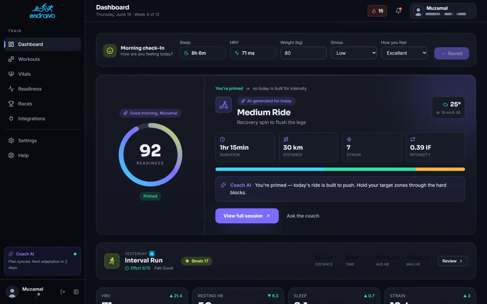 Endraivo Dashboard mit Readiness-Score und heutiger Trainingseinheit